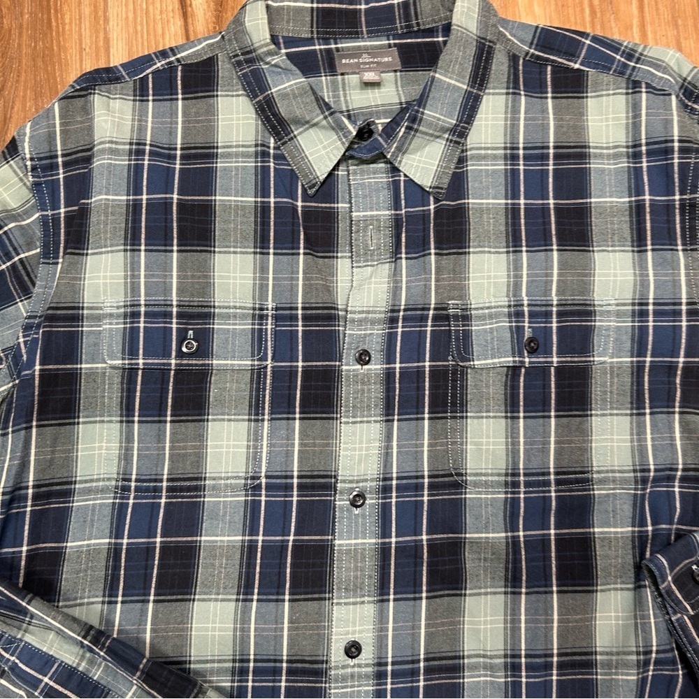 Ll bean mens signature slim fit blue plaid flannel long sleeve shirt size XXL - Picture 4 of 8